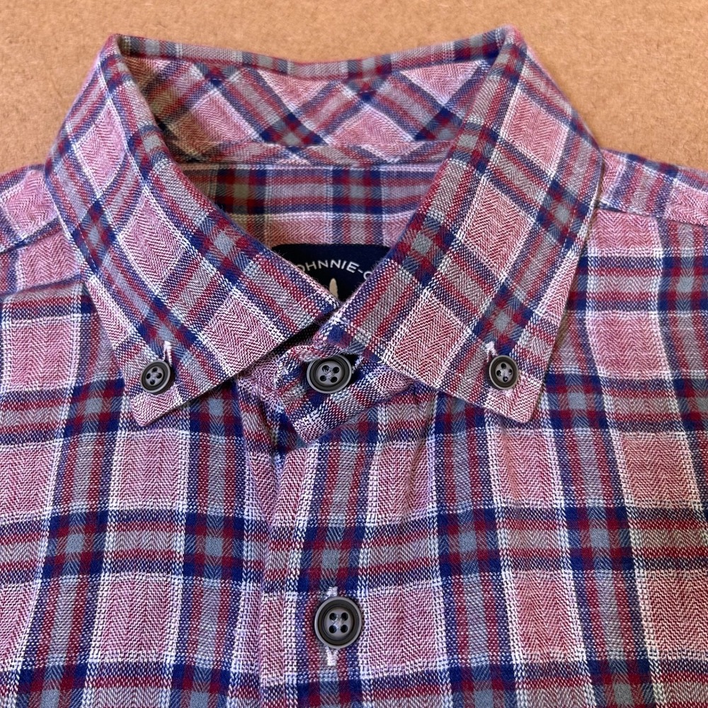 Johnnie-O Top Shelf Plaid Long Sleeve Shirt Men's Med Red Blue Cotton Wool Blend